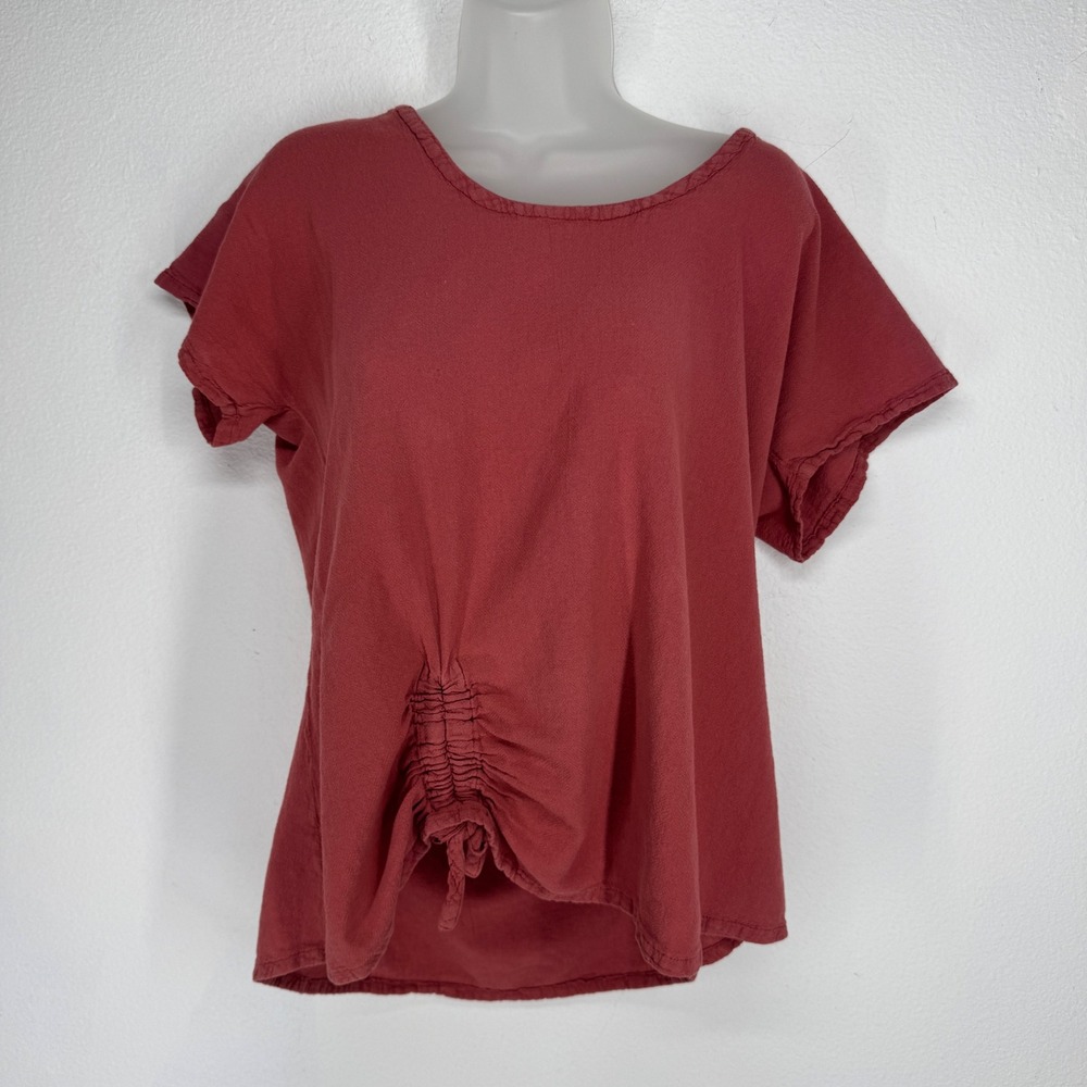 Oh My Gauze Red Cotton Ruched Tie Front Top Size 1 Short Sleeve Boho Lagenlook